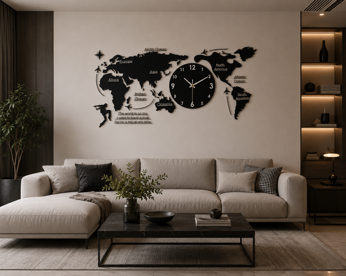 World Map Large Wall Clock Modern Design 3D