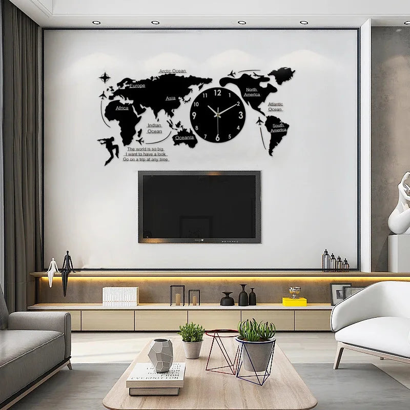 World Map Large Wall Clock Modern Design 3D