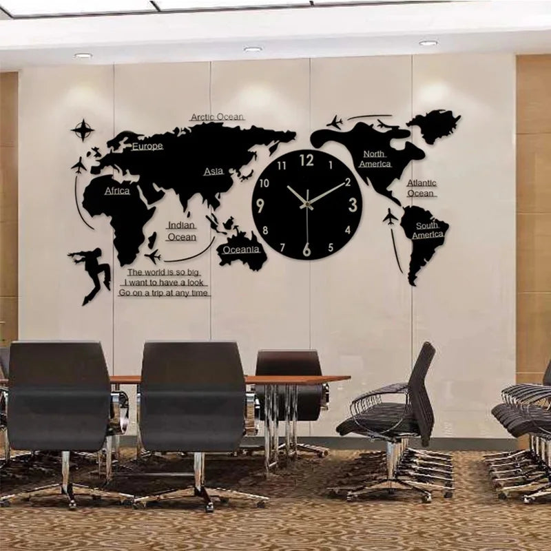 World Map Large Wall Clock Modern Design 3D