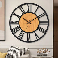 FinestClock 3D Large Wall Clocks Nordic Roman Numerals Retro Round Wood Metal Iron Accurate Silent Hanging Ornament Living Room Decoration