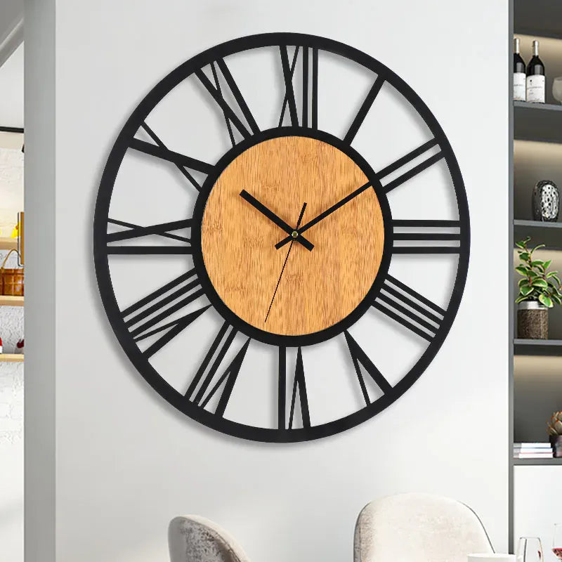 FinestClock 3D Large Wall Clocks Nordic Roman Numerals Retro Round Wood Metal Iron Accurate Silent Hanging Ornament Living Room Decoration