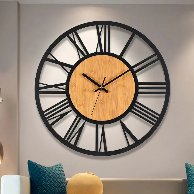 FinestClock 3D Large Wall Clocks Nordic Roman Numerals Retro Round Wood Metal Iron Accurate Silent Hanging Ornament Living Room Decoration