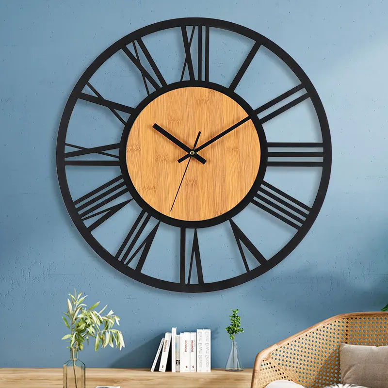 FinestClock 3D Large Wall Clocks Nordic Roman Numerals Retro Round Wood Metal Iron Accurate Silent Hanging Ornament Living Room Decoration