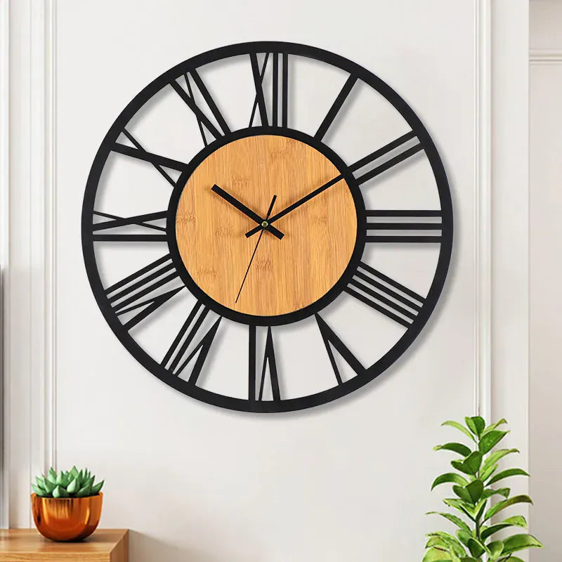 FinestClock 3D Large Wall Clocks Nordic Roman Numerals Retro Round Wood Metal Iron Accurate Silent Hanging Ornament Living Room Decoration