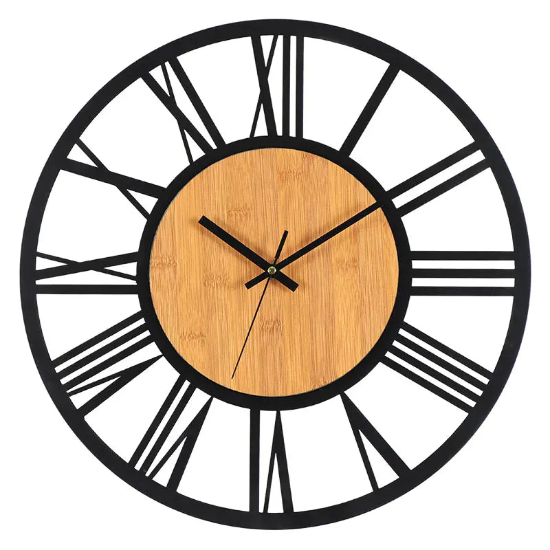 FinestClock 3D Large Wall Clocks Nordic Roman Numerals Retro Round Wood Metal Iron Accurate Silent Hanging Ornament Living Room Decoration
